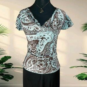 ✨ Whimsical Blue & Brown Paisley Ruffled Blouse ✨